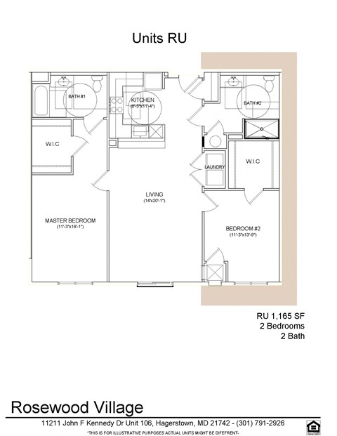 Floor plan for 2 beds, 2 baths, 1165 sqft